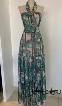 VESTIDO LONGO DE SEDA ESTAMPADO SAIA BABADO VESTIDO LONGO DE SEDA ESTAMPADO SAIA BABADO