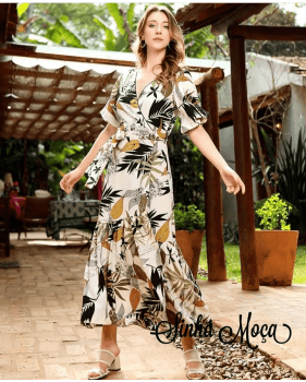 VESTIDO MIDI SAIA BABADO ESTAMPA FOLHAGEM VESTIDO MIDI SAIA BABADO ESTAMPA FOLHAGEM
