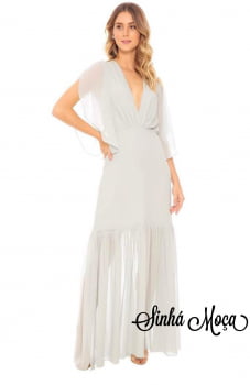 VESTIDO LONGO SEDA DECOTE V SAIA BABADO VESTIDO LONGO SEDA DECOTE V SAIA BABADO