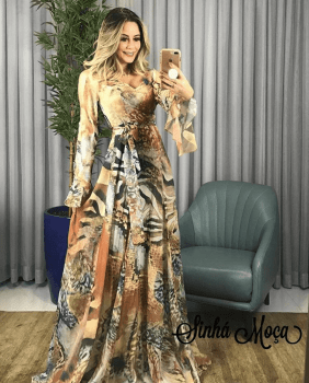 VESTIDO LONGO SEDA ESTAMPA ANIMAL PRINT MANGA PEPLUN COM ABERTURA VESTIDO LONGO SEDA ESTAMPA ANIMAL PRINT MANGA PEPLUN COM ABERTURA