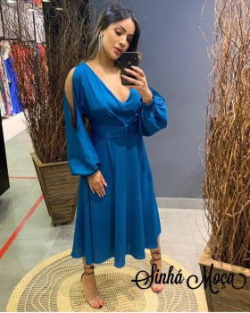 VESTIDO MIDI MANGA BUFANTE FIVELA ENCAPADA VESTIDO MIDI MANGA BUFANTE FIVELA ENCAPADA